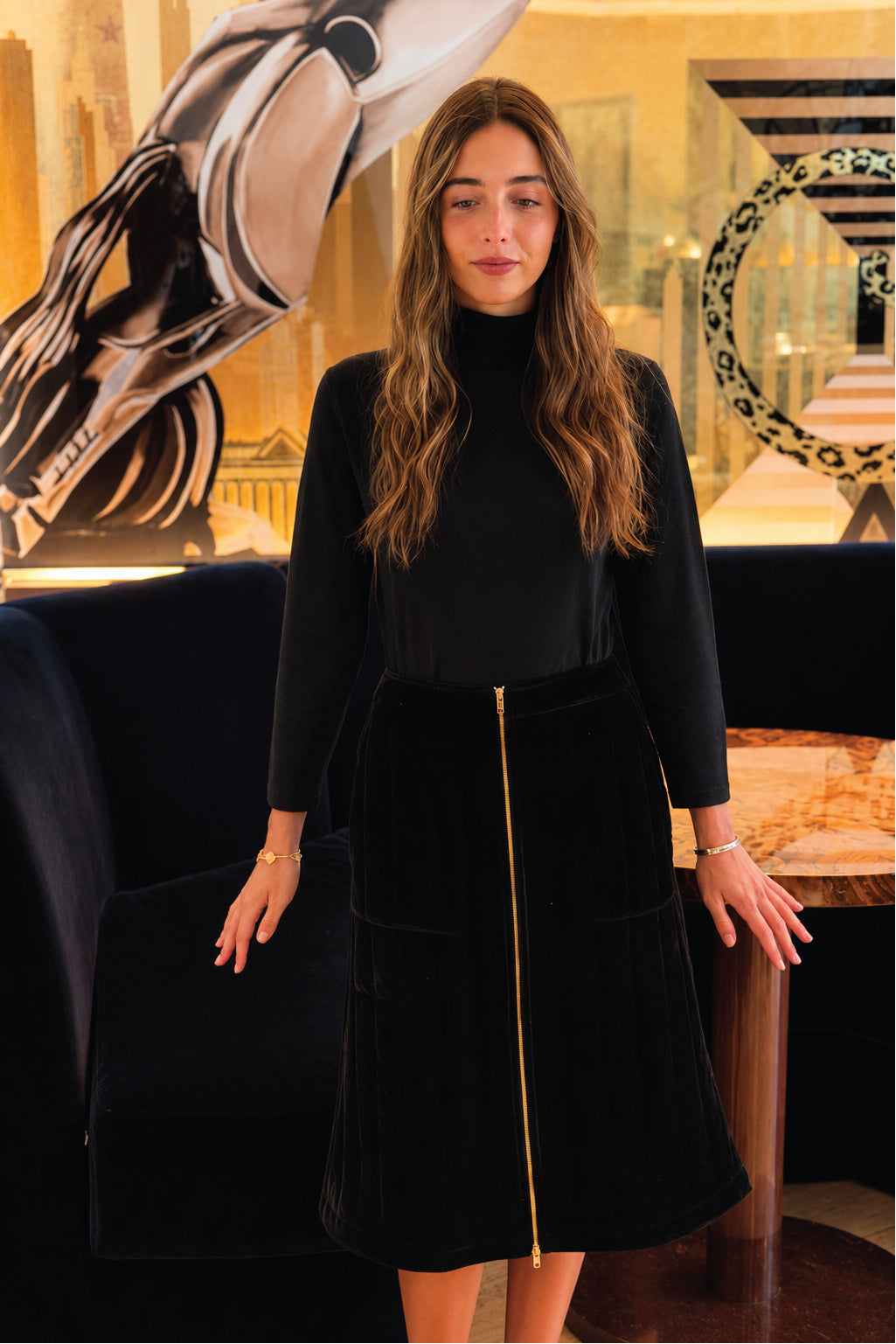 Black Velvet Zipper Front Skirt