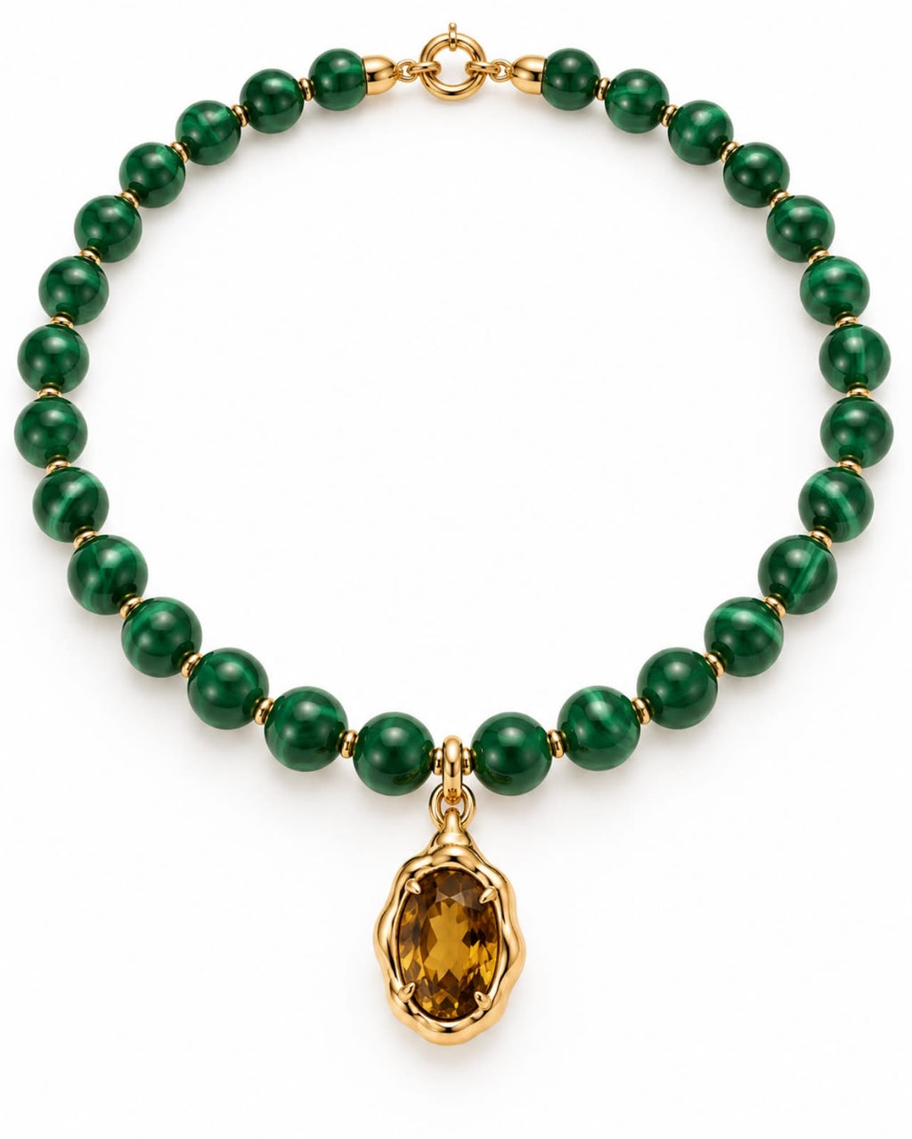 Natural Malachite Beaded Necklace with 18K Gold & Tourmaline Pendant