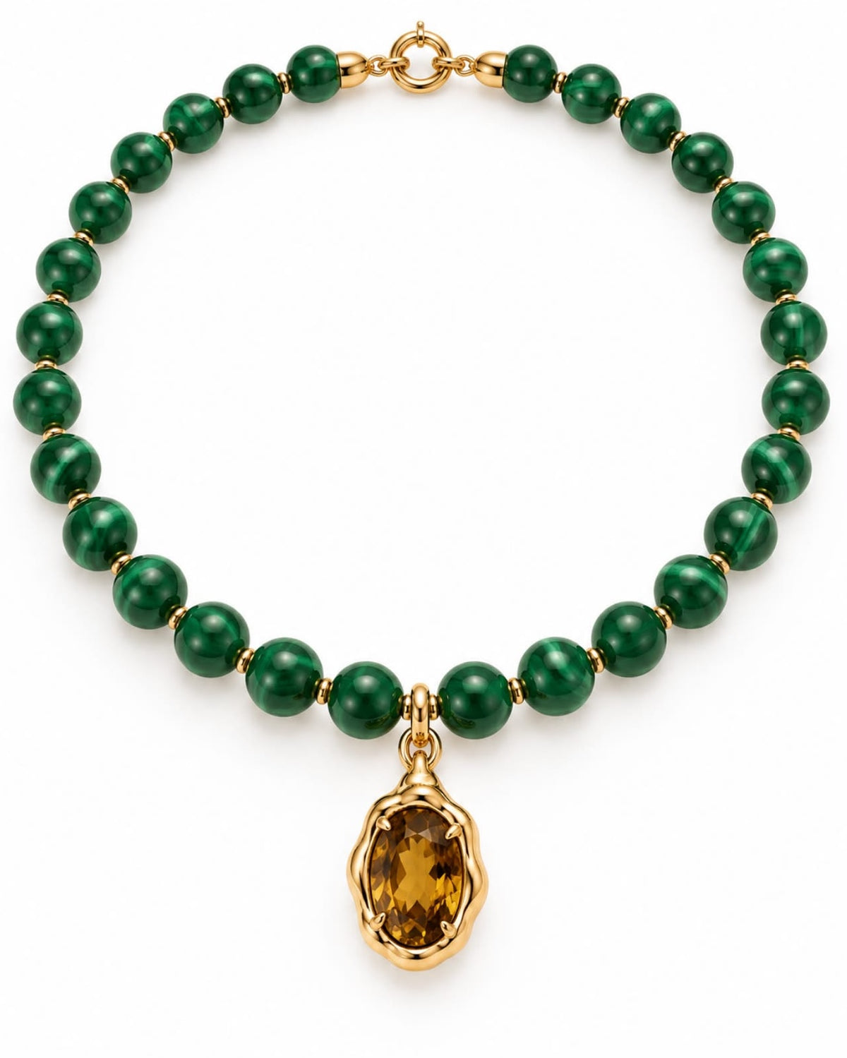 Natural Malachite Beaded Necklace with 18K Gold & Tourmaline Pendant