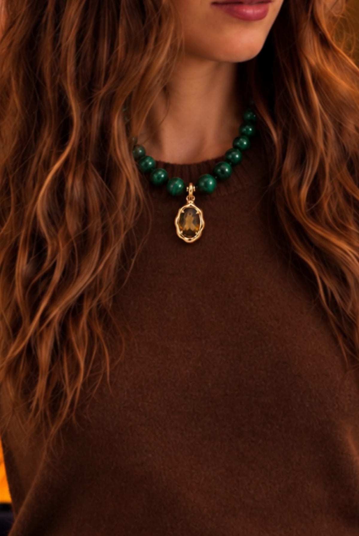 Natural Malachite Beaded Necklace with 18K Gold & Tourmaline Pendant