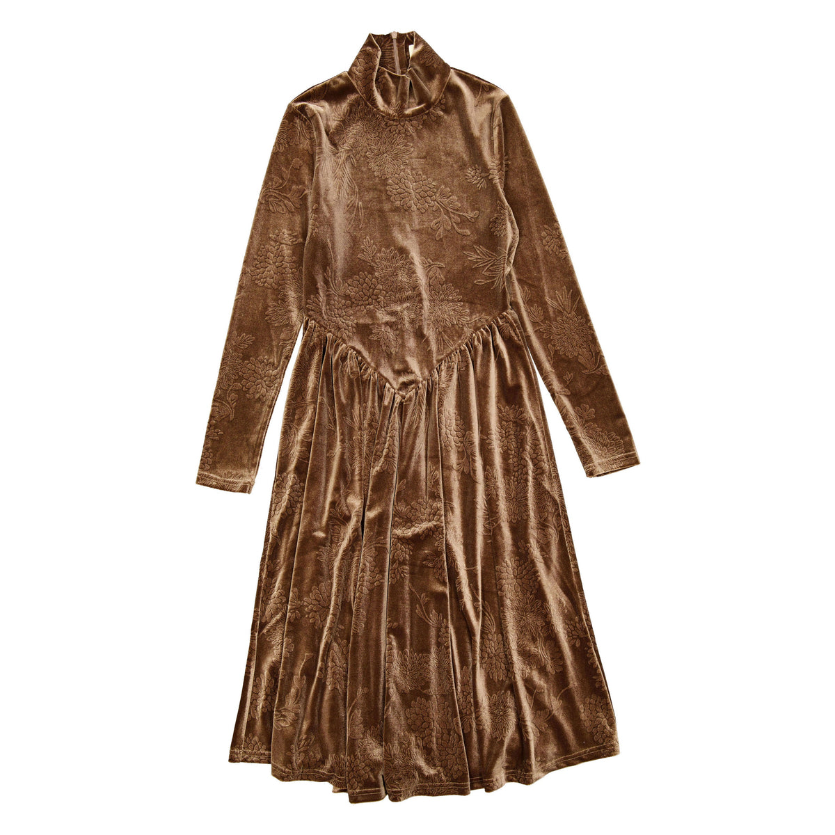 Brown Velvet Embossed  V-Yoke Maxi Dress