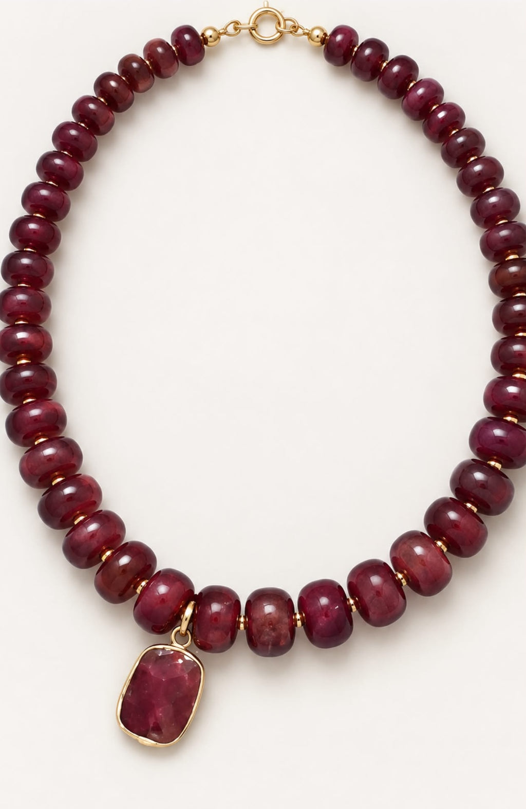 Natural Ruby Rondelle Necklace with 18K Gold-Wrapped Ruby Pendant