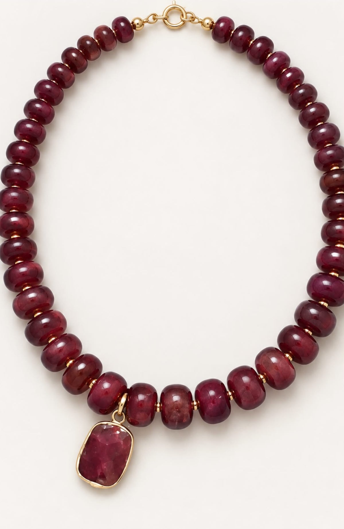Natural Ruby Rondelle Necklace with 18K Gold-Wrapped Ruby Pendant